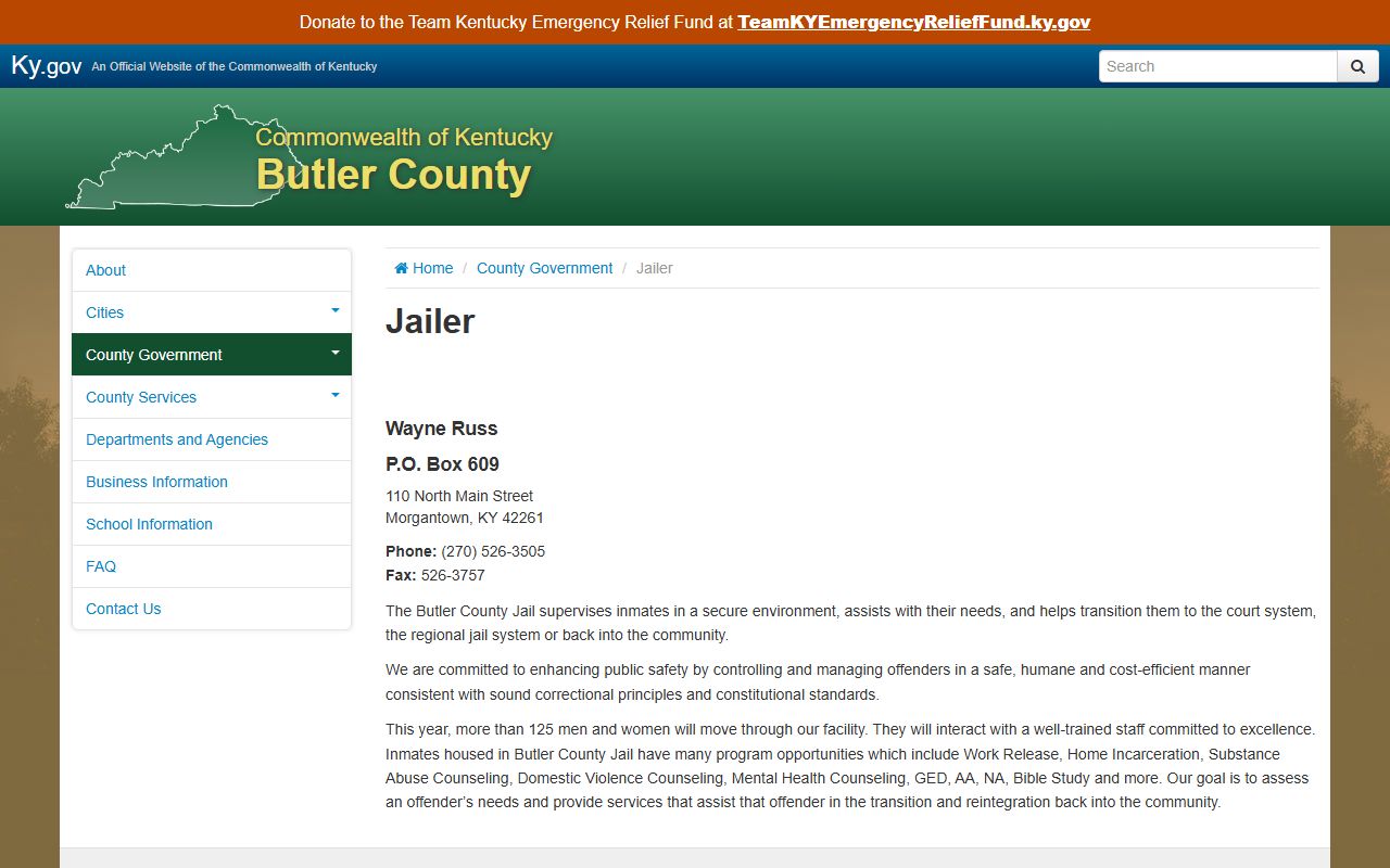 Butler County Jail official jailer page inmate facility information