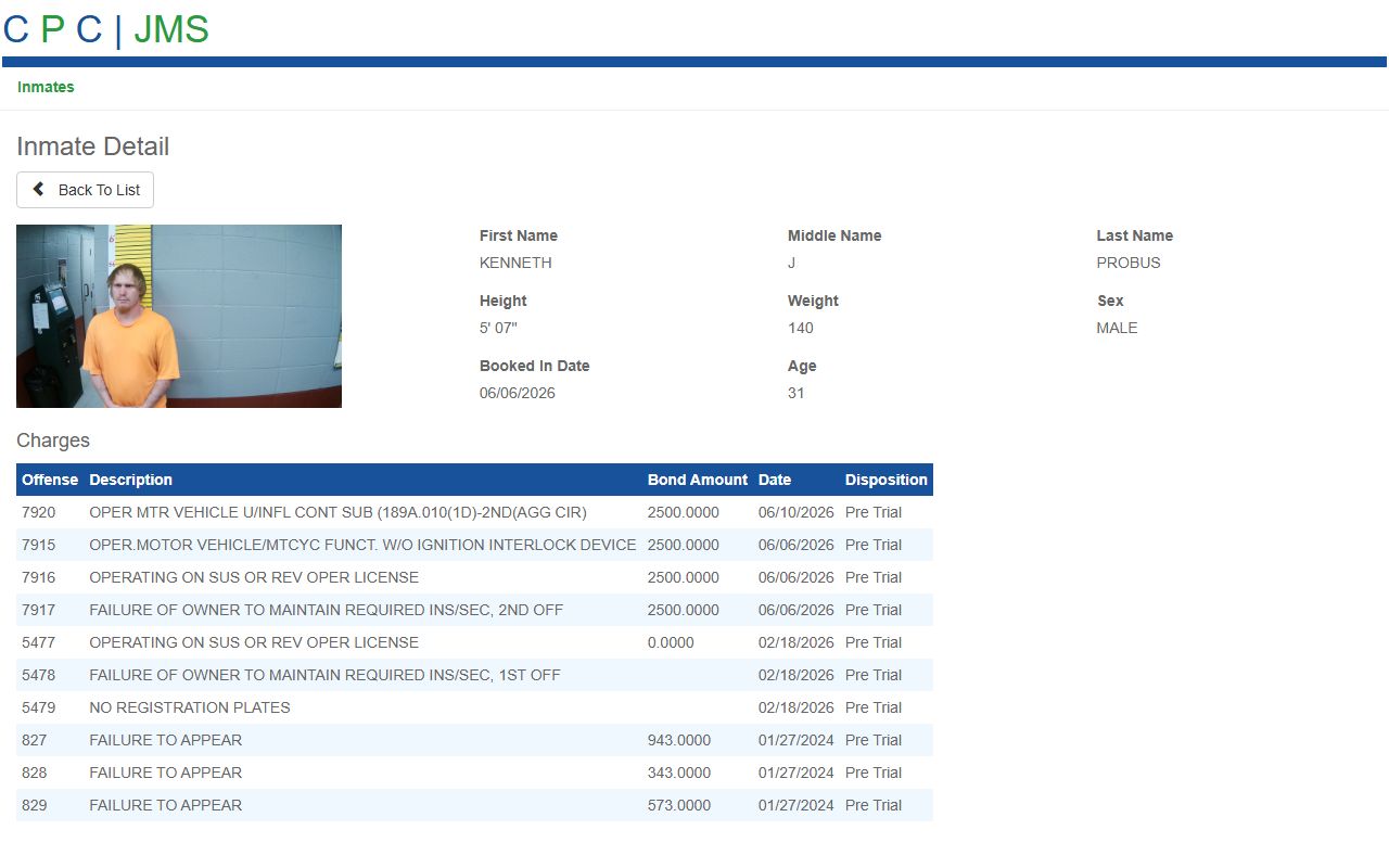 Butler County CPC JMS inmate profile with photo and charges