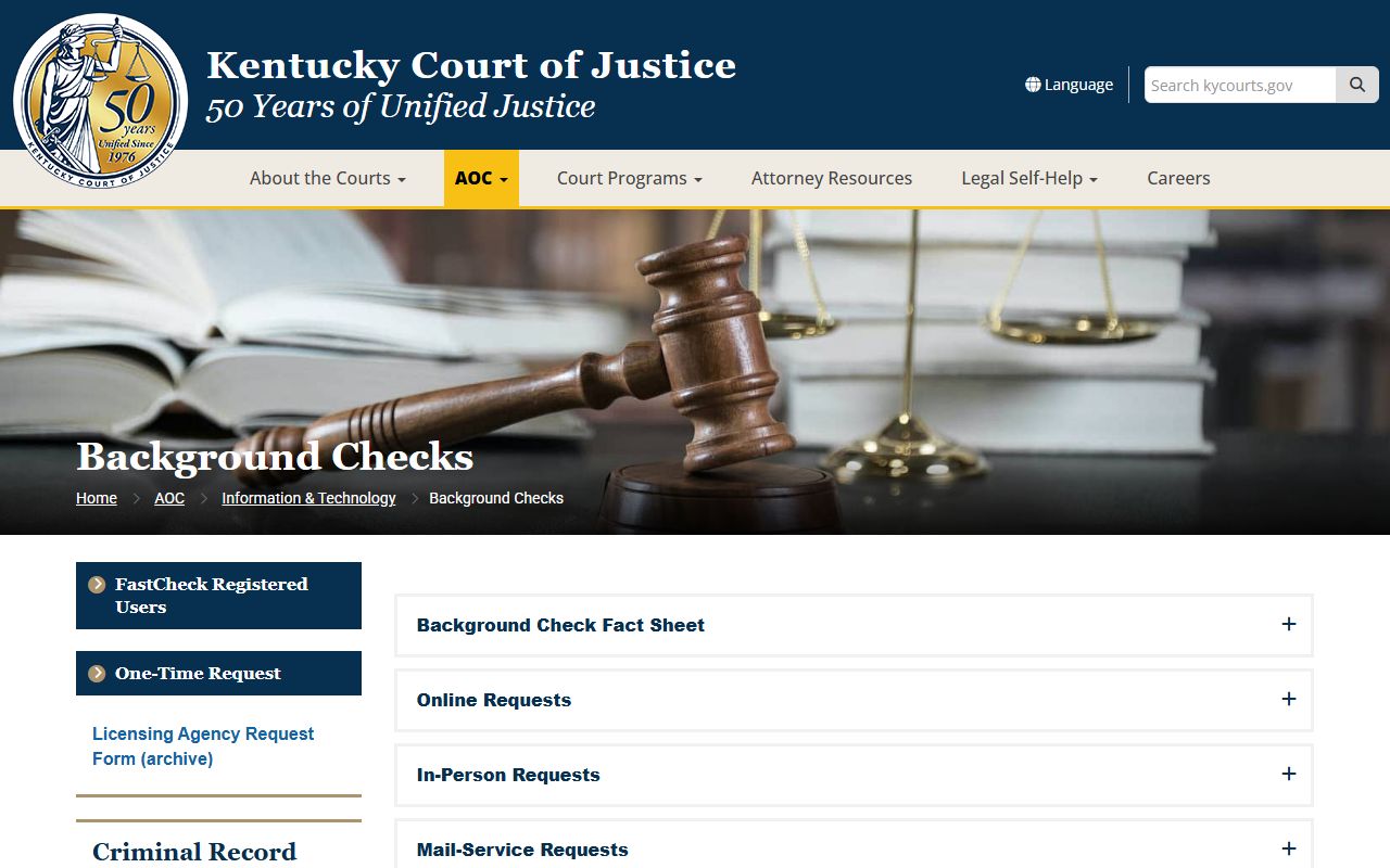 Kentucky AOC background check page for statewide District and Circuit Court activity reports