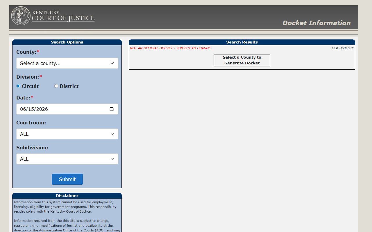 Kentucky Court of Justice docket search fields for Butler County court dates